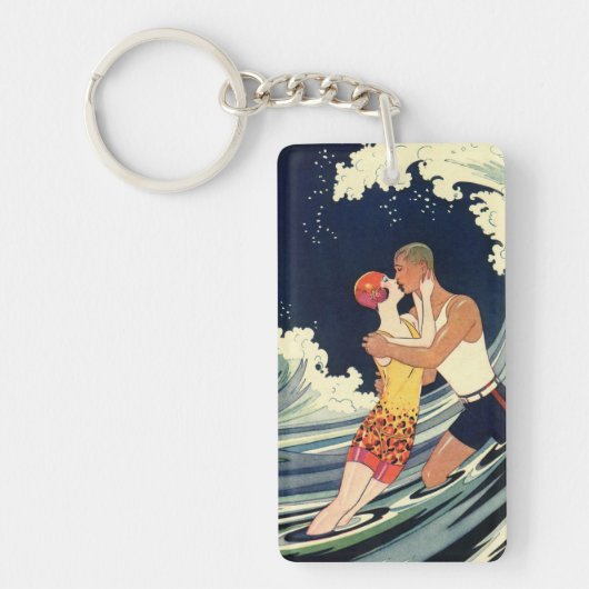  Art Deco Lovers Kiss in The Waves bij Beach Sleutelhanger (Voorkant)
