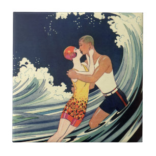 Art Deco Lovers Kiss in The Waves bij Beach Tegeltje