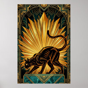 Art Déco Lumière Dorée Chat Noir sur Toile