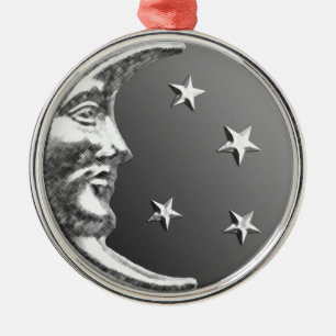 Art Deco Maan en Sterren - Grijs / Zilver en Zilve Metalen Ornament