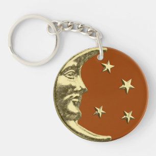 Art Deco Maan en Sterren - Roestbruin en Goud Sleutelhanger