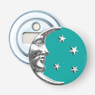 Art Deco Maan en Sterren - Turquoise & Zilver Button Flesopener