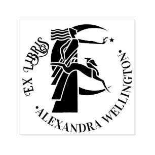 Art Deco Maan Godin Hond Ster Ex Libris Boeknaam Zelfinktende Stempel