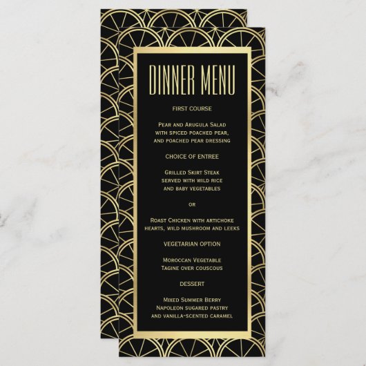 Art Déco Mariage Black and Gold Slim Dinner Menu (Devant / Derrière)
