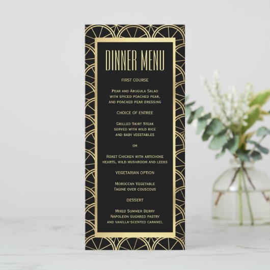 Art Déco Mariage Black and Gold Slim Dinner Menu (Debout devant)