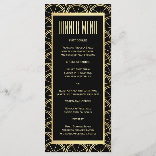 Art Déco Mariage Black and Gold Slim Dinner Menu (Devant)