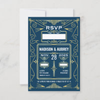 Art Déco Mariage Classy Gold Blue Réponse RSVP