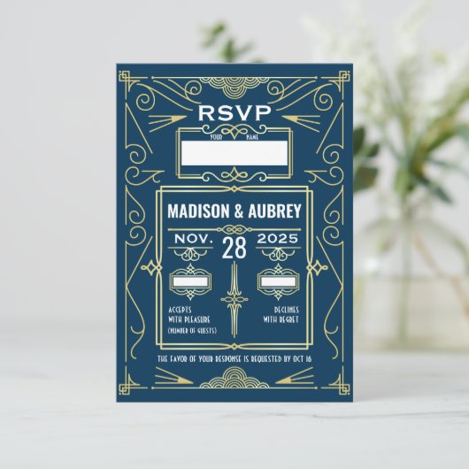 Art Déco Mariage Classy Gold Blue Réponse RSVP (Debout devant)