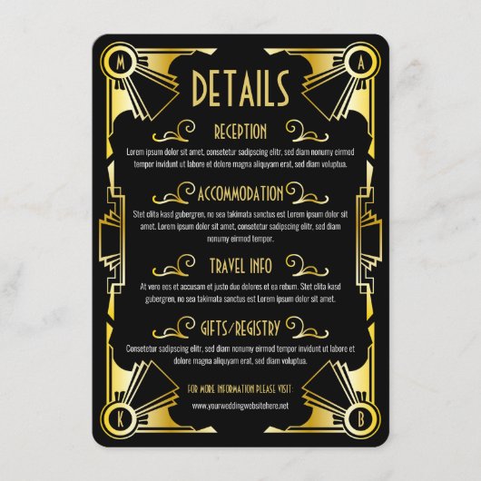 Art Déco Mariage Détails Directions Carte Gold Noi (Devant)