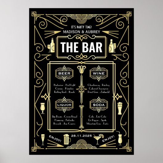 Art Déco Mariage Gold Black Great Gatsby Bar Menu (Devant)