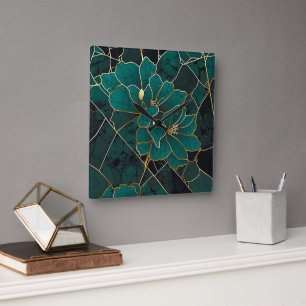Art Deco Marmer Mozaïek Bloem Emerald Groen & Goud Vierkante Klok