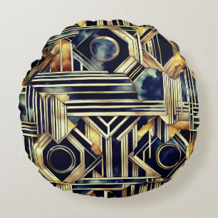 Art-deco marmer Zwart en goud Jazzy Geometrisch Rond Kussen