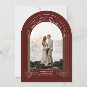 Art Deco Maroon Red Bronze Arch Bewaar de datum Kaart