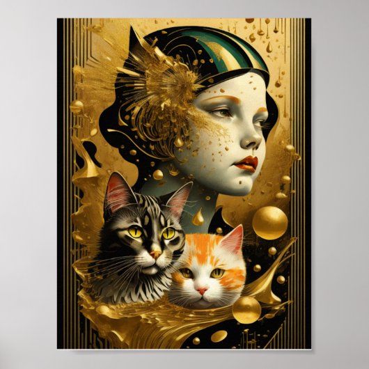 Art Deco Meisje en katten Poster (Voorkant)