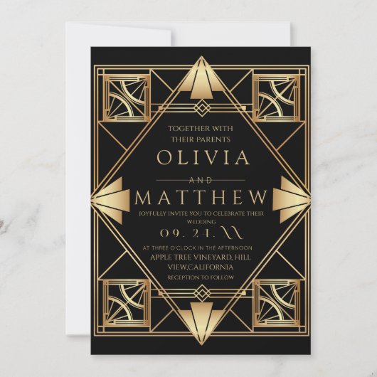Art Deco Modern Zwart en Gouden Geometrisch Huweli Kaart (Voorkant)