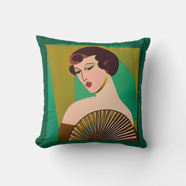 Art Deco Moderne Dame met een Fan Kussen (Voorkant)
