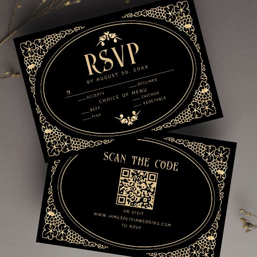 Art Déco moderne Noir et Faux Or RSVP QR Code