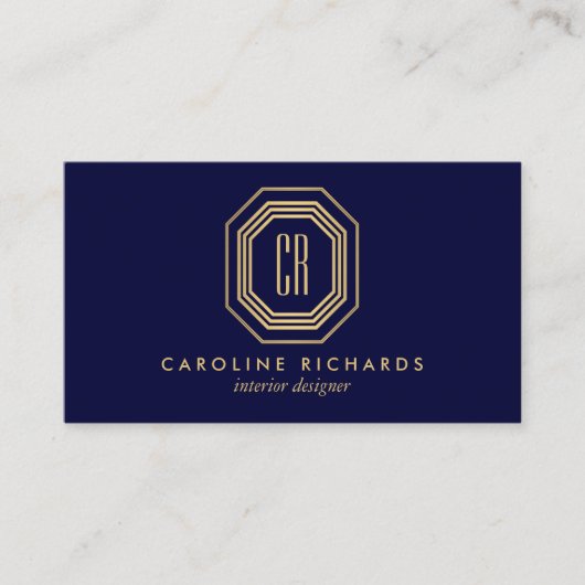  Art Deco Monogram Gold/marine Visitekaartje (Voorkant)