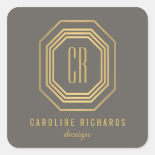 art deco monogram goud/grijs vierkante sticker