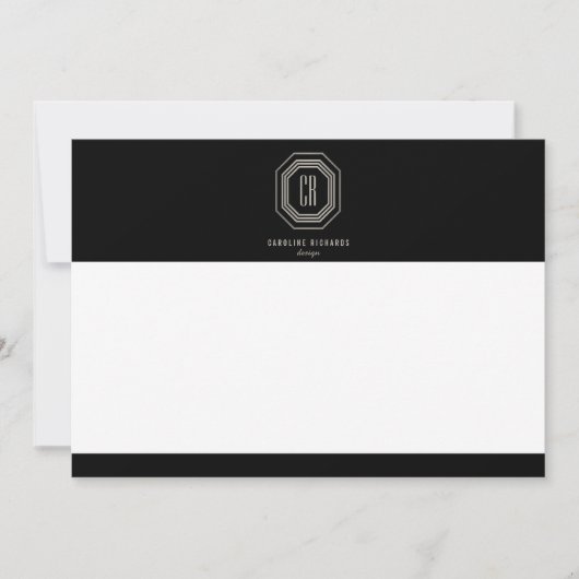 Art Deco Monogram Grijs/Zwart Platte Notecard Kaart (Voorkant)