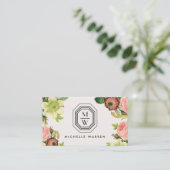Art Deco Monogram met bloemen op Tan Visitekaartje (Staand voorkant)