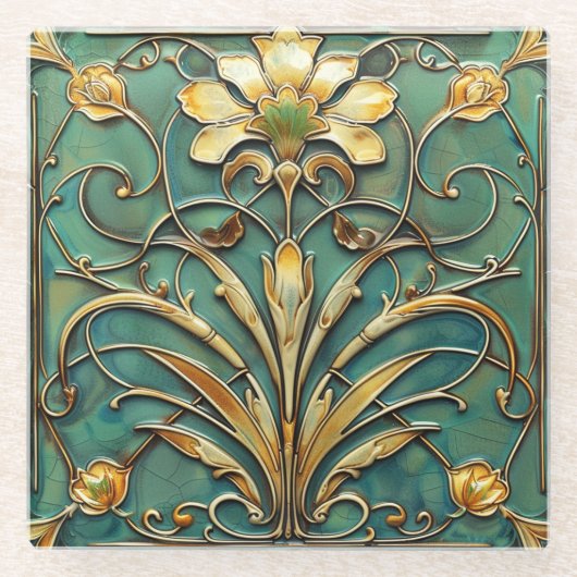 Art Deco Mooie Lelie Turquoise Groen Goud Glazen Onderzetter (Voorkant)