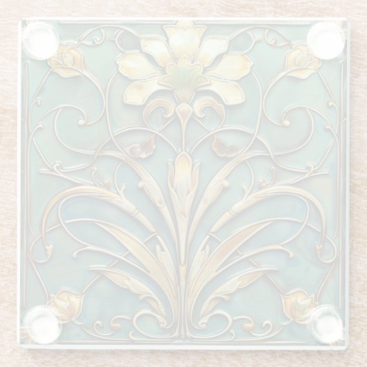 Art Deco Mooie Lelie Turquoise Groen Goud Glazen Onderzetter (Achterkant)