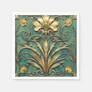 Art Deco Mooie Lelie Turquoise Groen Goud Servet
