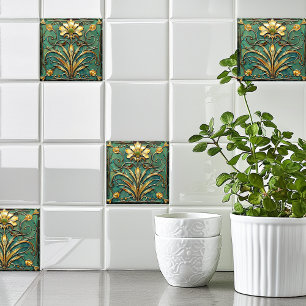 Art Deco Mooie Lily Turquoise Groen Goud Tegeltje