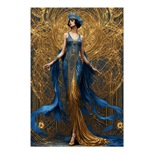 Art Deco Mooie Vrouw Blauw en Goud Perfect Poster (Voorkant)