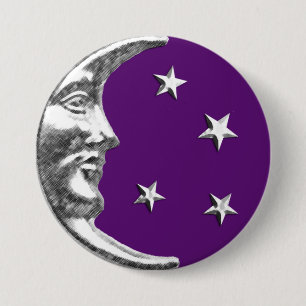 Art Deco Moon en Stars - Amethyst Paars & Silver Ronde Button 7,6 Cm