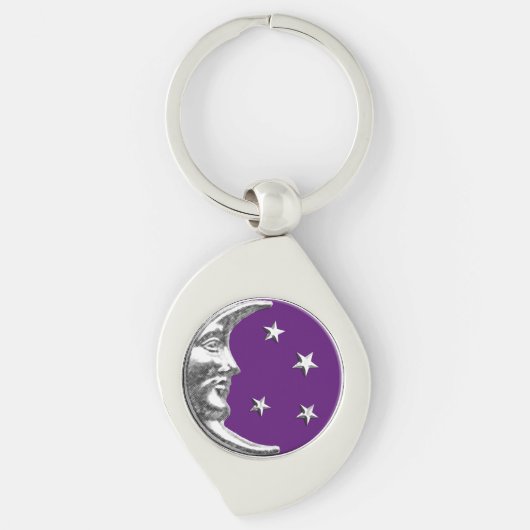 Art Deco Moon en Stars - Amethyst Paars & Silver Sleutelhanger (Voorkant)
