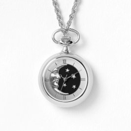 Art Deco Moon en Stars - Black en Silver Horloge