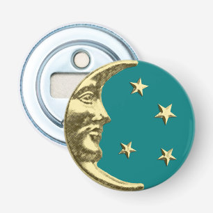 Art Deco Moon en Stars - Blauwgroen en goud Button Flesopener
