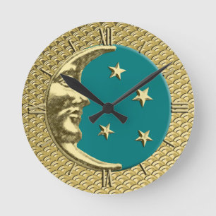 Art Deco Moon en Stars, Blauwgroen en goud Ronde Klok