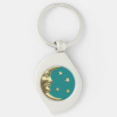 Art Deco Moon en Stars - Blauwgroen en goud Sleutelhanger (Voorkant)