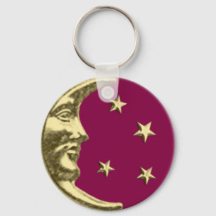 Art Deco Moon en Stars - Bourgogne en goud Sleutelhanger