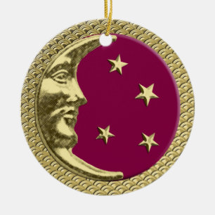 Art Deco Moon en Stars Burgundy & Gold Background Keramisch Ornament