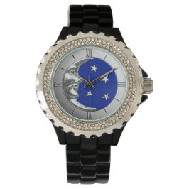 Art Deco Moon en Stars - Cobalt Blue en Silver Horloge