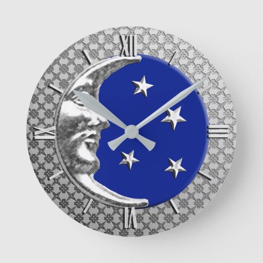 Art Deco Moon en Stars, Cobalt Blue en Silver Ronde Klok (Voorkant)