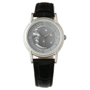 Art Deco Moon en Stars, Grey / Grey en Silver Horloge