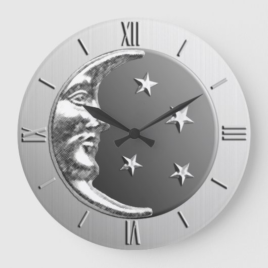 Art Deco Moon en Stars - Grijs / Grijs en Zilver Grote Klok (Voorkant)