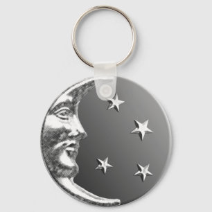 Art Deco Moon en Stars - Grijs / Grijs en Zilver Sleutelhanger