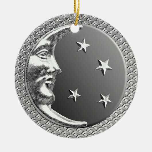 Art Deco Moon en Stars in Hematite en Silver Keramisch Ornament (Voorkant)