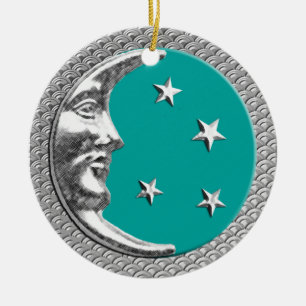 Art Deco Moon en Stars in Turquoise en Silver Keramisch Ornament