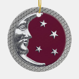 Art Deco Moon en Stars in Wine Red en Silver Keramisch Ornament
