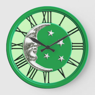 Art Deco Moon en Stars - Jade Green en Silver Grote Klok