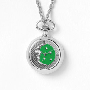 Art Deco Moon en Stars, Jade Green en Silver Horloge