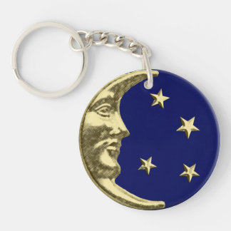 Art Deco Moon en Stars - Navy Blue en Gold Sleutelhanger