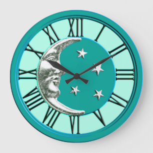 Art Deco Moon en Stars - Turquoise & Silver Grote Klok